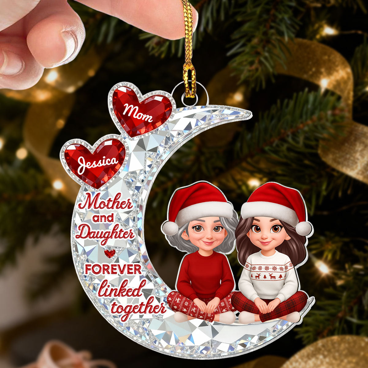 3D Effect Flat Mom And Daughter Son Sitting On Moon - Personalized Acrylic Ornament - Gift For Mom, Daughter, Son