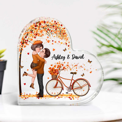 Fall Season Couple Kissing Under Tree Bicycle Personalized Heart Acrylic Plaque
