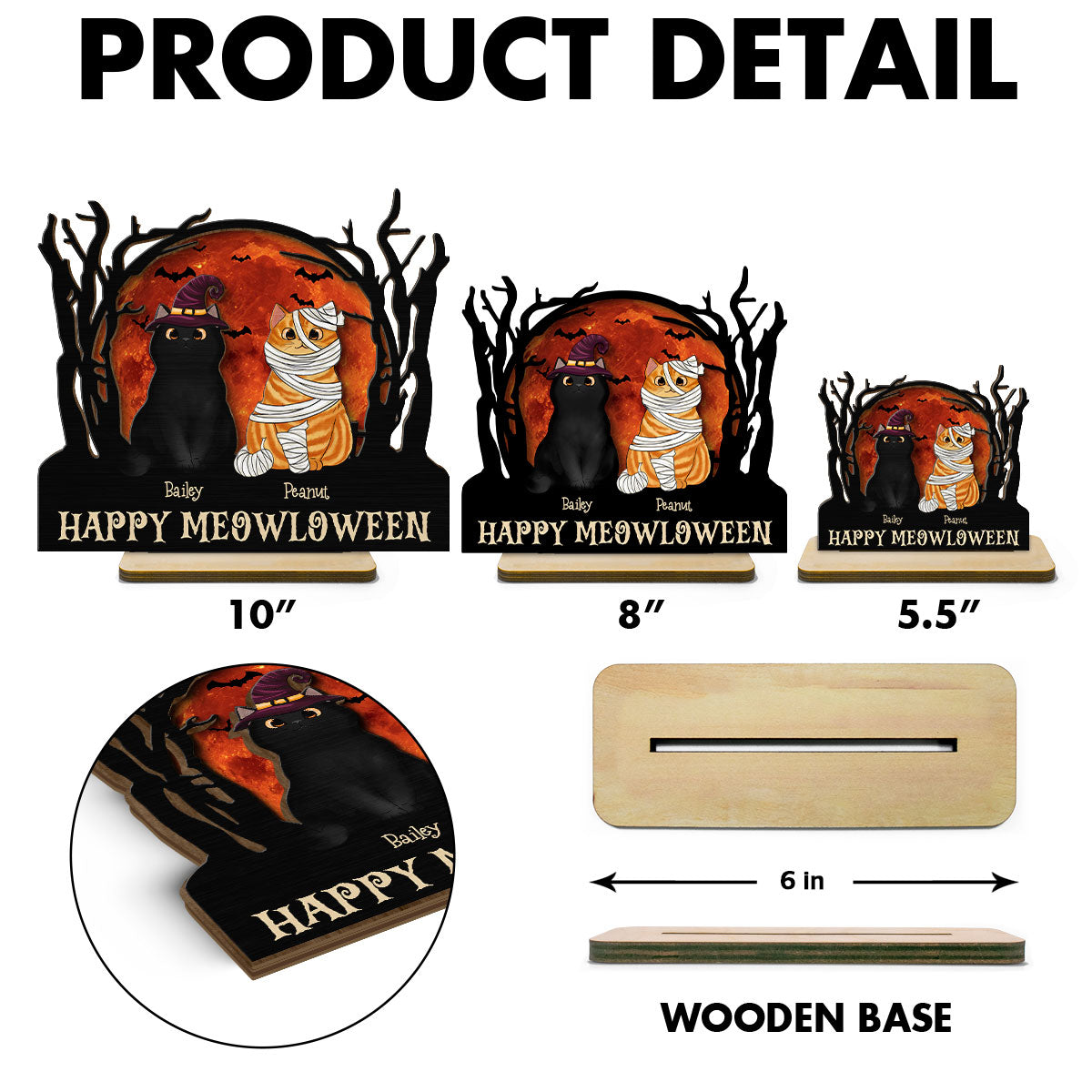 Stay Spooky Halloween Moon Scene Cat Lover Tabletop Tier Tray Decor Personalized 2-Layer Standing Wooden Plaque