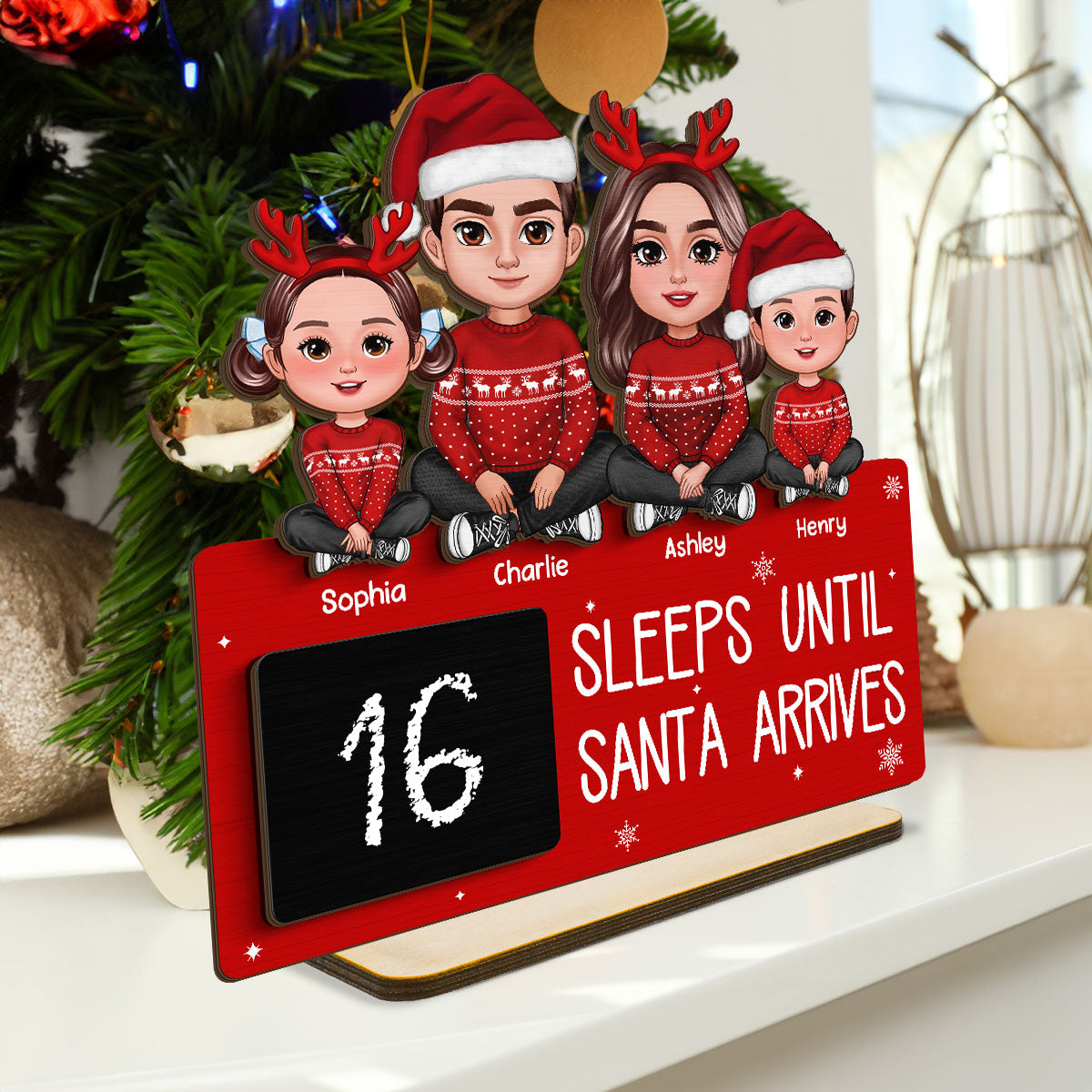 Sleeps Until Santa Arrives Family Christmas Decor Personalized 2-Layer Standing Wooden Plaque