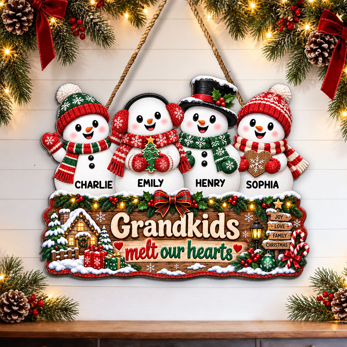 Christmas Snowman Grandkids Melts Our Hearts - Personalized Wood Sign - Christmas Decor, Door Sign For Grandparents