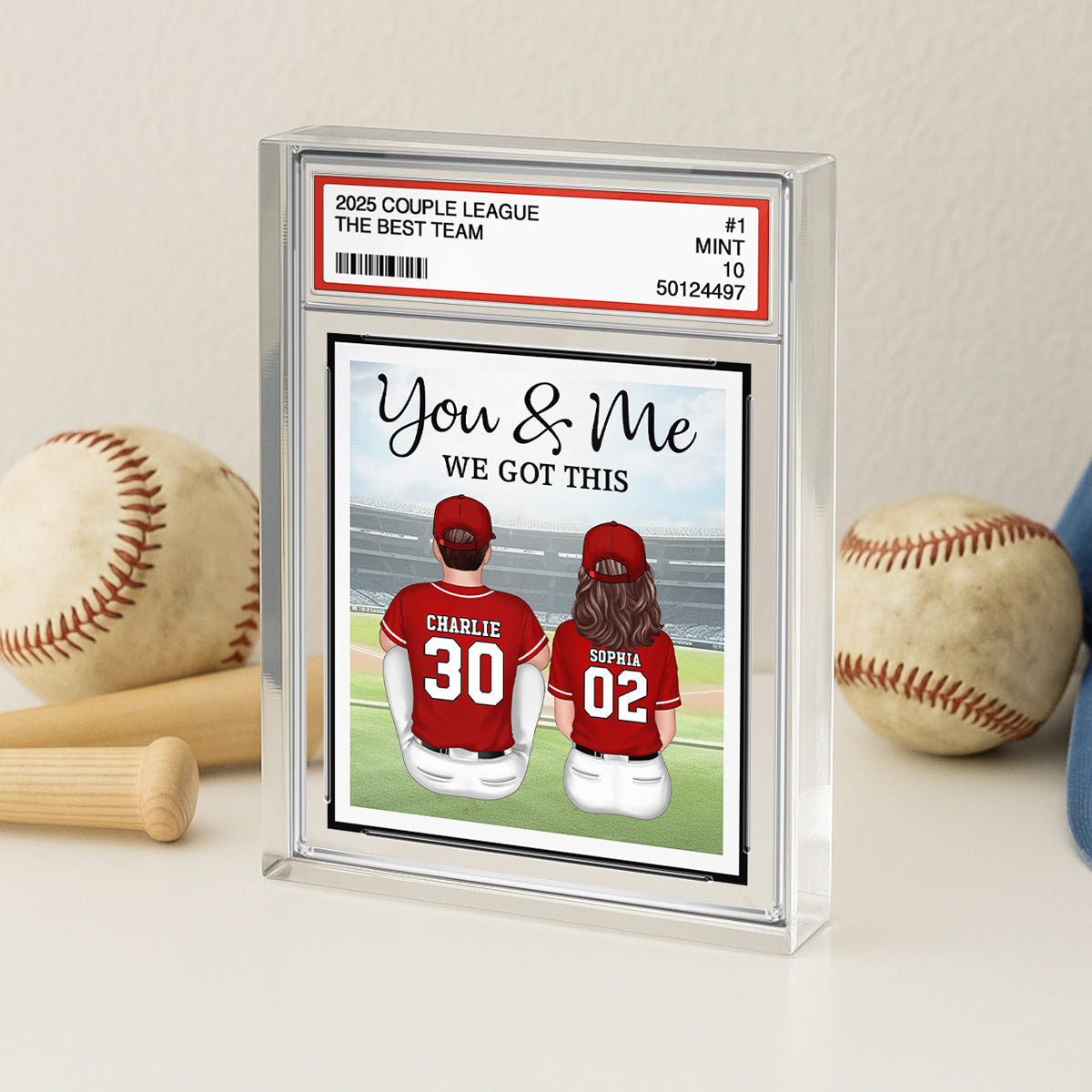 Baseball Couple Sitting Back View Trading Card Style Personalized Acrylic Block Plaque, Gift For Him, Gift For Her