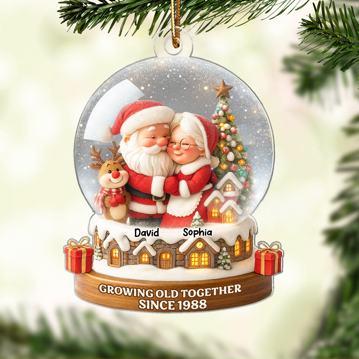 Snow Globe Santa Couple Growing Old Together Personalized Acrylic Ornament, 3D Effect, Christmas Gift for him, Gift for her