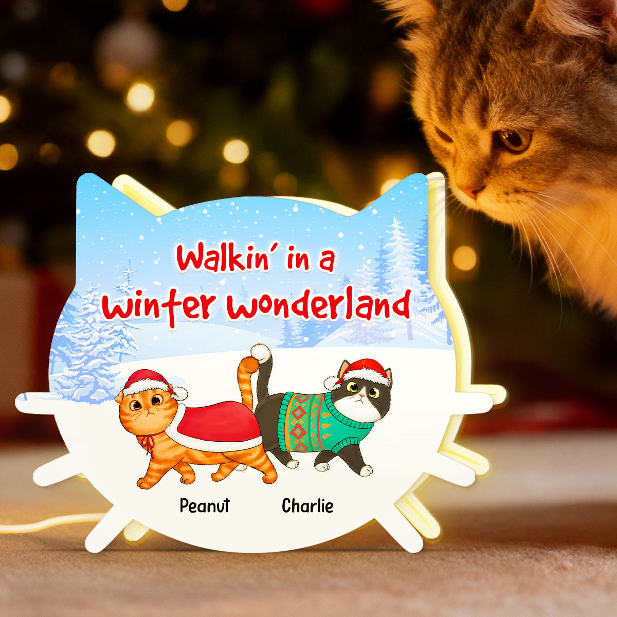 Walkin' In Winter Wonderland Fluffy Cats - Personalized Light Box - Gift For Cat Lovers, Christmas Decoration