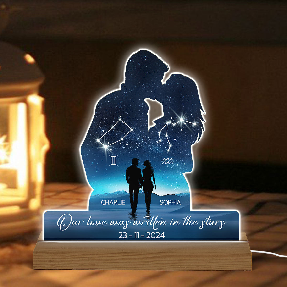Our Love Was Written In The Stars Personalized Couple Kissing Shaped Acrylic LED Night Light, Anniversary  Gift For Her, For Him, Husband, Wife