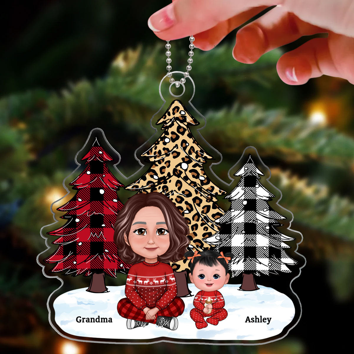 Leopard Checkered Pattern Christmas Tree Grandma Grandkids - Personalized Acrylic Ornament