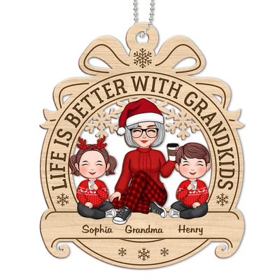Cute Grandma Grandkids Sitting Ribbon Personalized Wooden Ornament