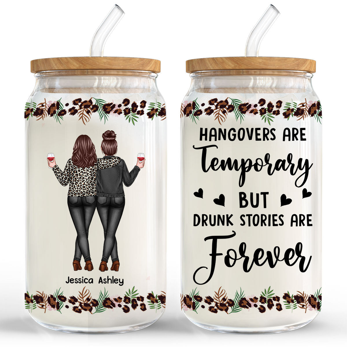 Leopard Back View Besties Personalized Clear Glass Can