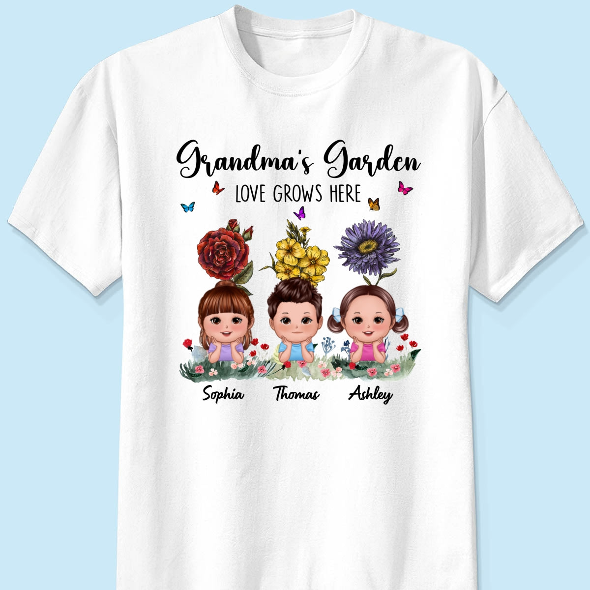 Grandma‘s Garden Cute Kids With Beautiful Vintage Birth Flower Behind Personalized Shirt