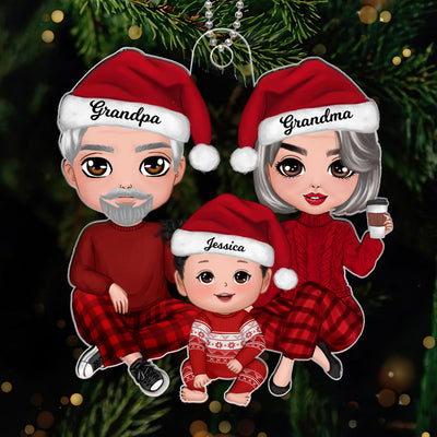 Christmas Doll Grandma Grandpa Sitting With Granddaughter Grandson Personalized Acrylic Ornament