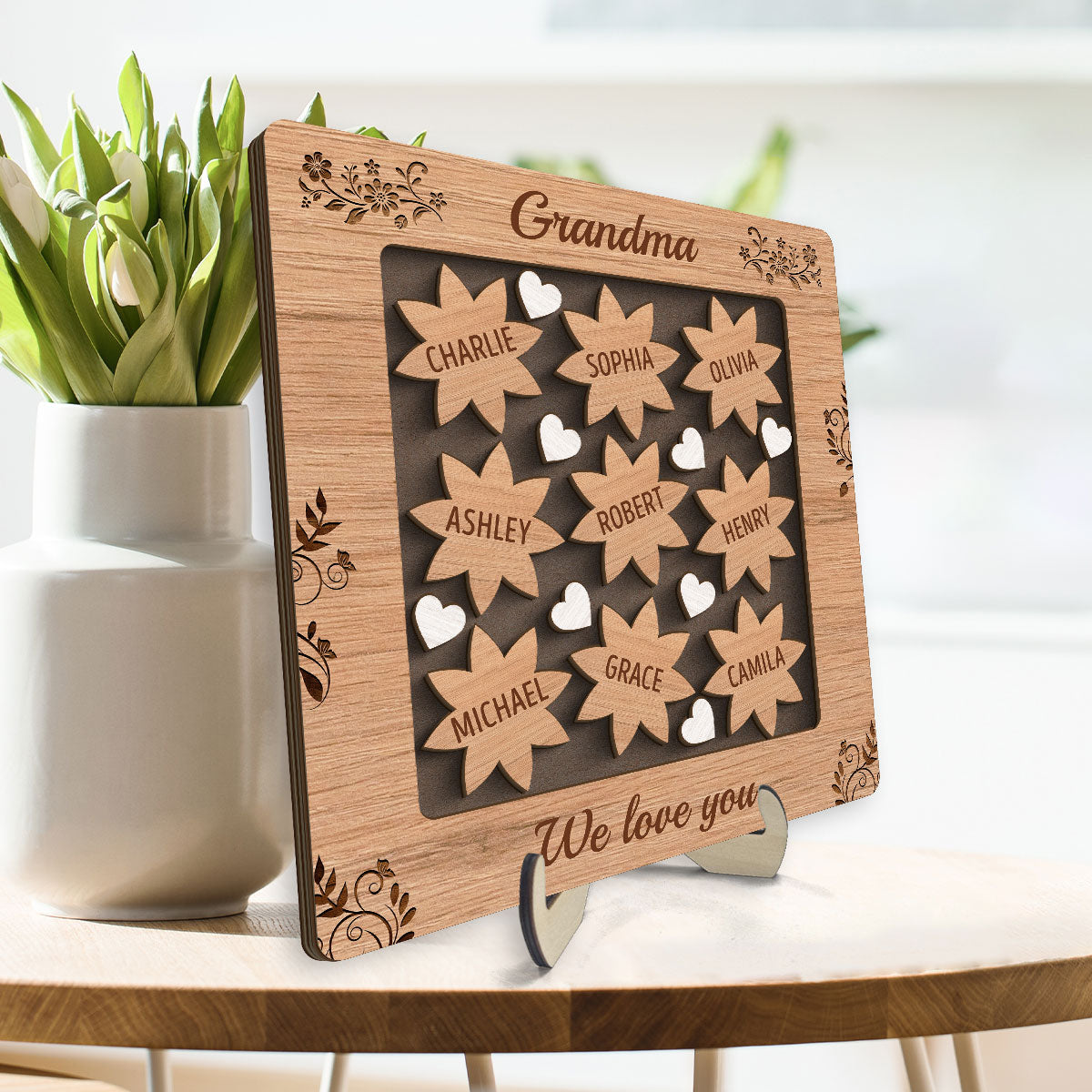 Grandma Mom Flowers Hearts Personalized 2-layer Wooden Plaque