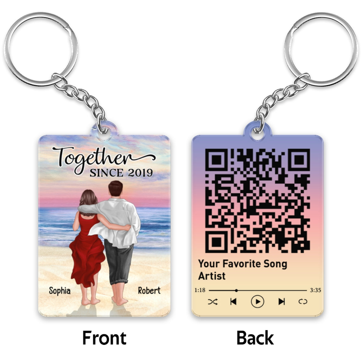 Couple Walking At Beach Back View Favorite Song Scannable QR Code Personalized Acrylic Keychain