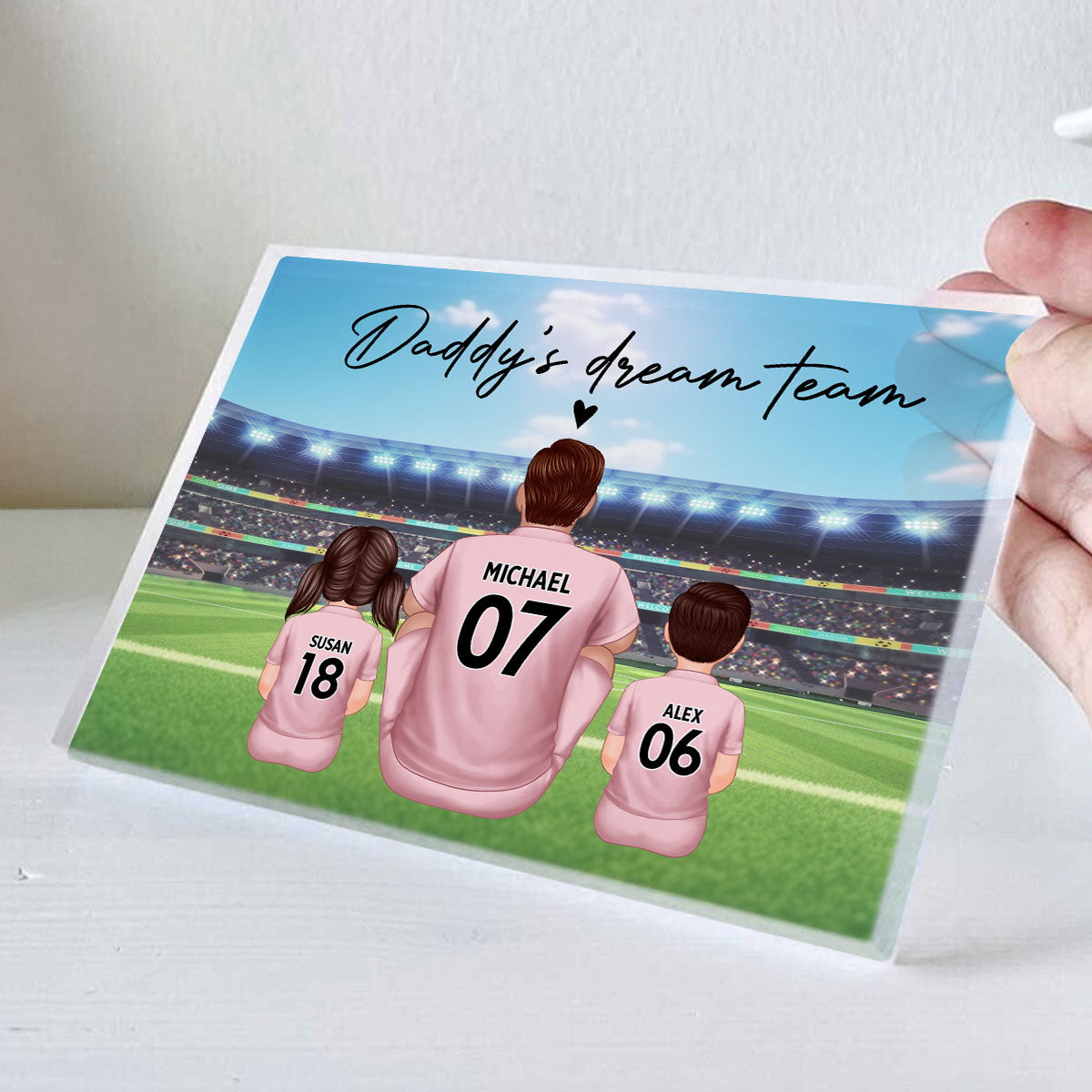 Daddy's Team Soccer Family Sitting Back View Personalized Acrylic Block, Father's Day Gift