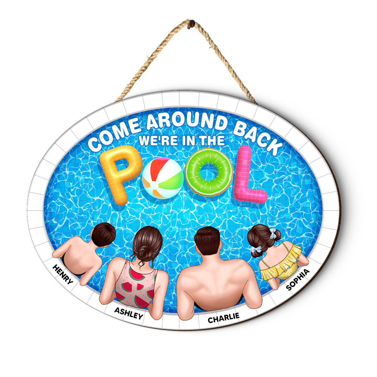 Summer Family In The Pool Personalized Wood Sign