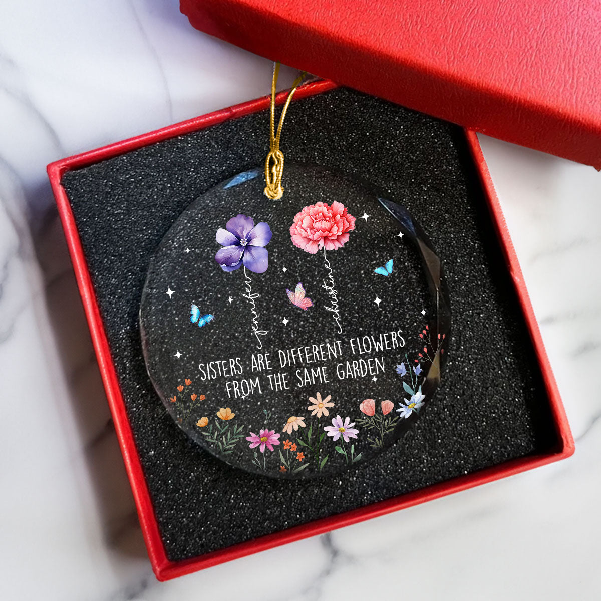 Sisters Are Different Flowers From The Same Garden Personalized Glass Ornament, Christmas Gift For Sisters