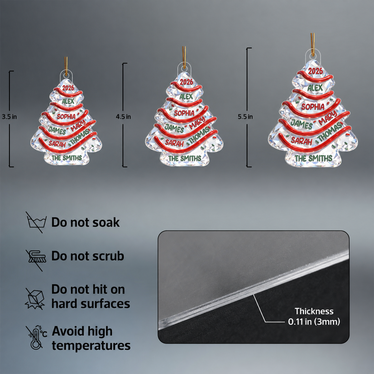 3D Effect Flat Family Names Christmas Tree Cake - Personalized Acrylic Ornament - Christmas Gift For Whole Family, Extended Family