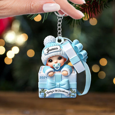 Baby Inside Gift Box Personalized Acrylic Keychain, Lovely Keepsake to Celebrate Baby's First Christmas, 2D Flat Ornament