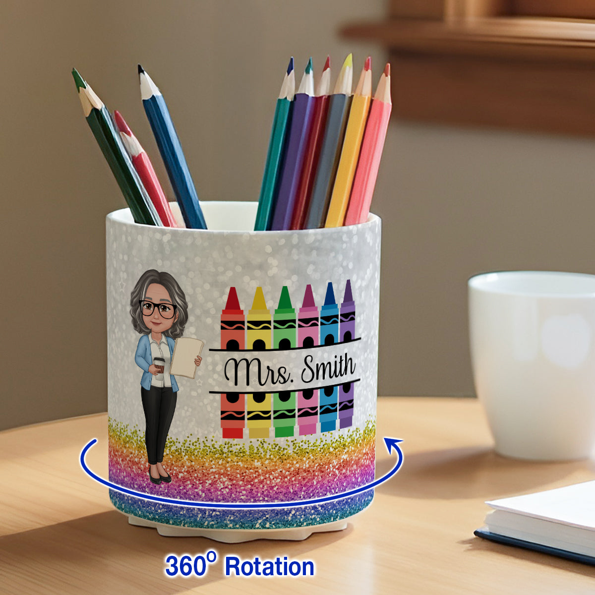 Teacher Crayon Glitter Texture Personalized Rotating Pen Holder, Teacher Appreciation Gift, Back To School Gift