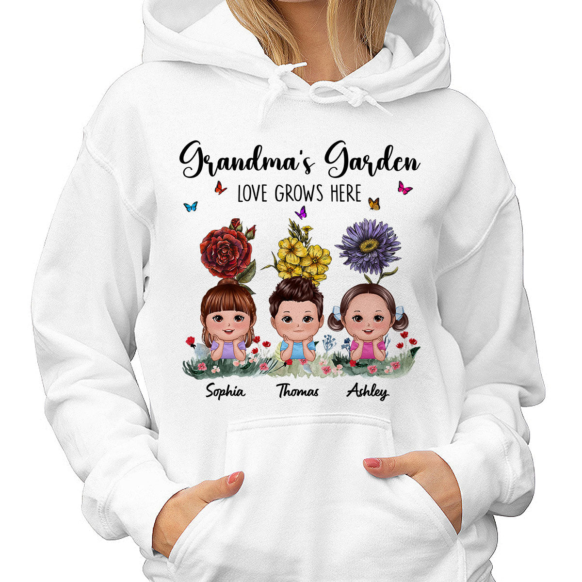 Grandma‘s Garden Cute Kids With Beautiful Vintage Birth Flower Behind Personalized Shirt