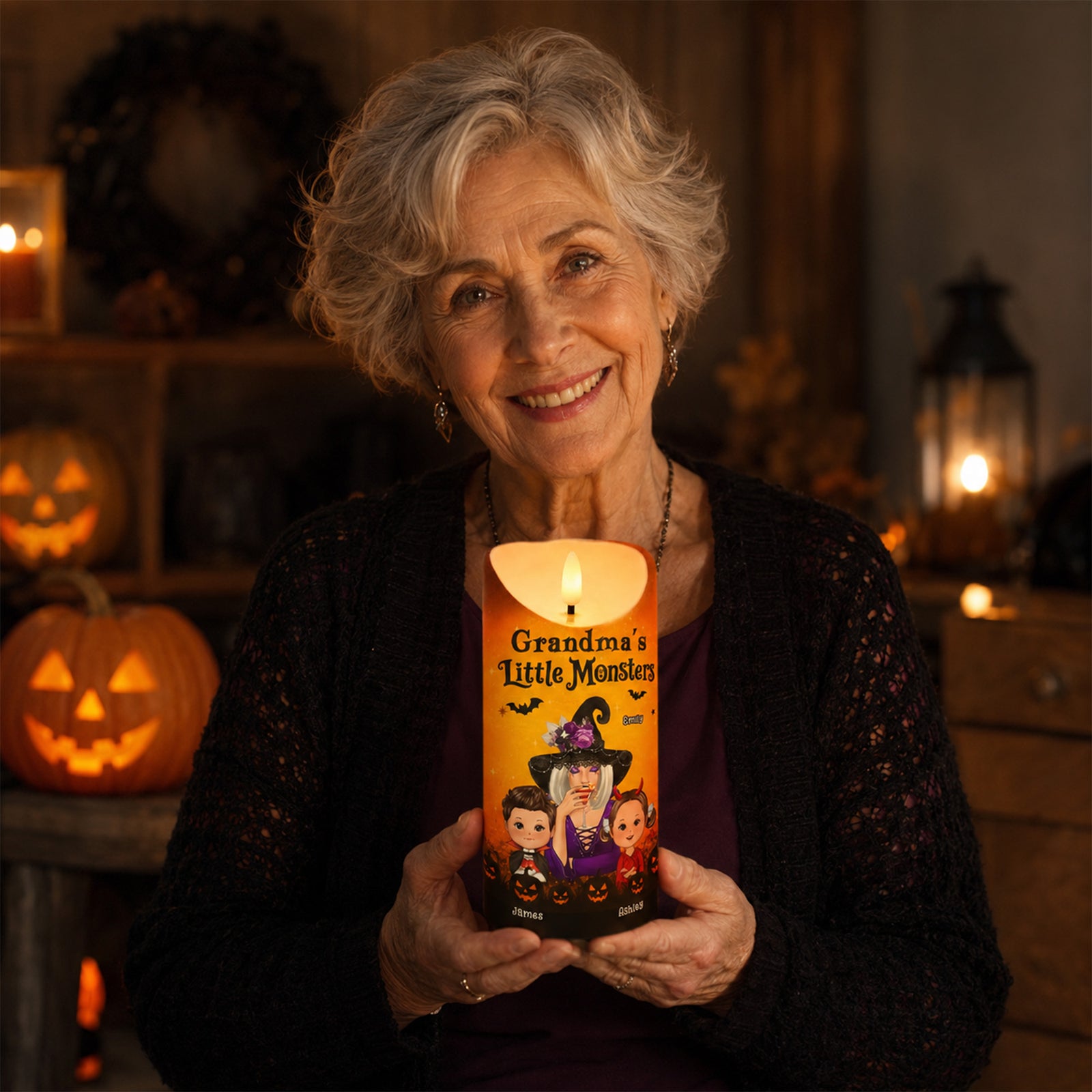 Grandma's Boo Crew Grandma Witch & Kids - Personalized LED Candle - Perfect Halloween Decor for Grandma