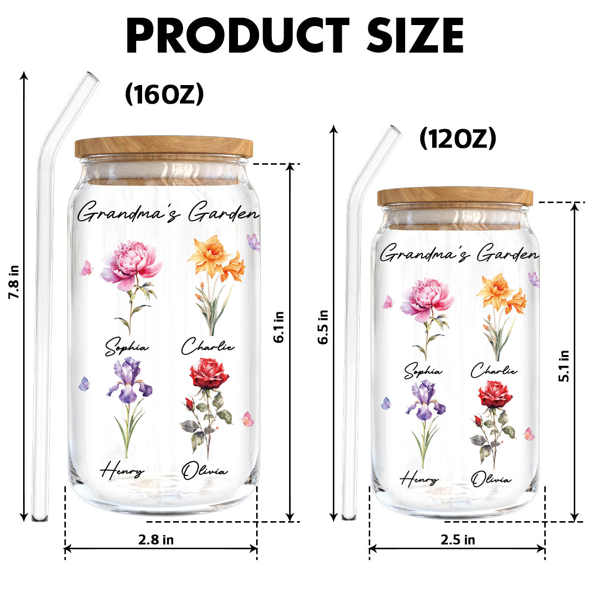 Grandma‘s Garden Beautiful Birth Month Flowers Mother‘s Day Birthday Gift For Grandma Mom Personalized Clear Glass Can