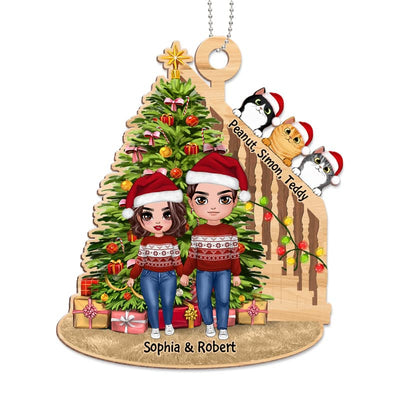 Couple And Cats Christmas Tree And Stair Personalized Wooden Ornament