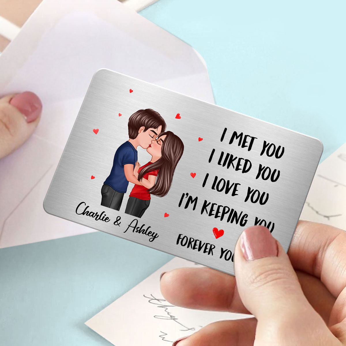 Doll Couple Kissing I Met You Gift For Him For Her Personalized Metal Wallet Card