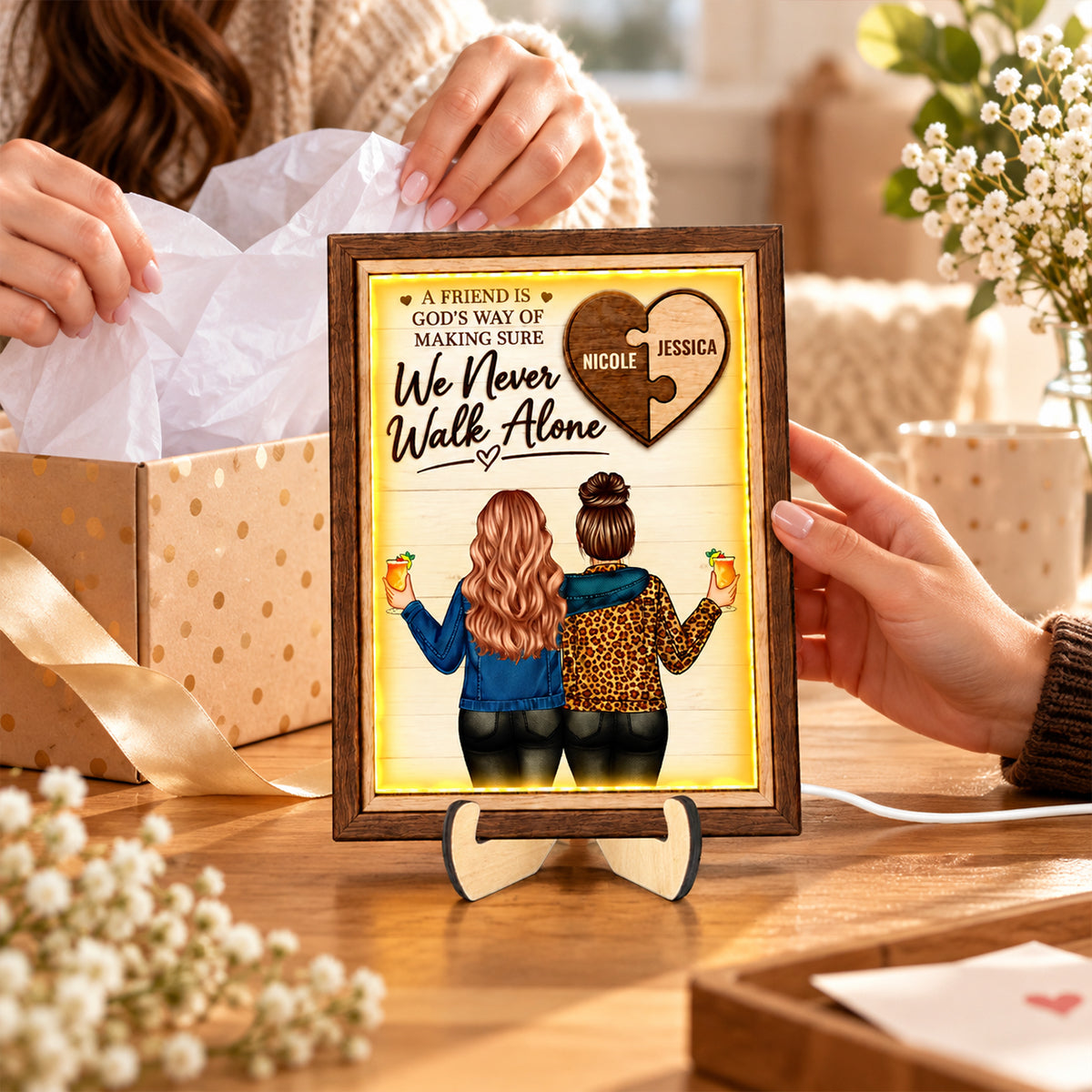 We Never Walk Alone - Personalized 2-Layered Wooden Plaque LED Light - Heartfelt Christmas Gift for Best Friends