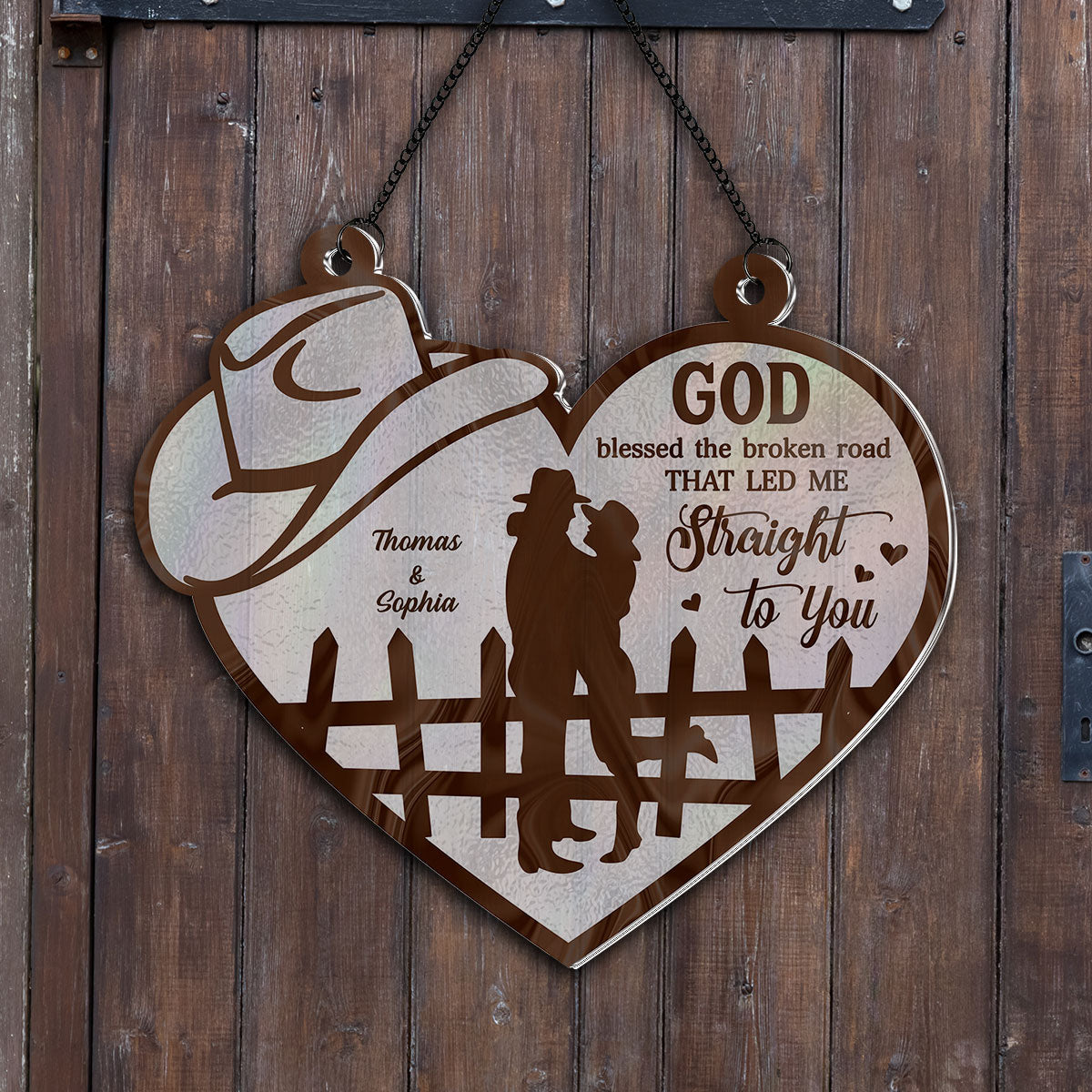 God Blessed The Broken Road Country Vibe Couple Personalized Acrylic Suncatcher