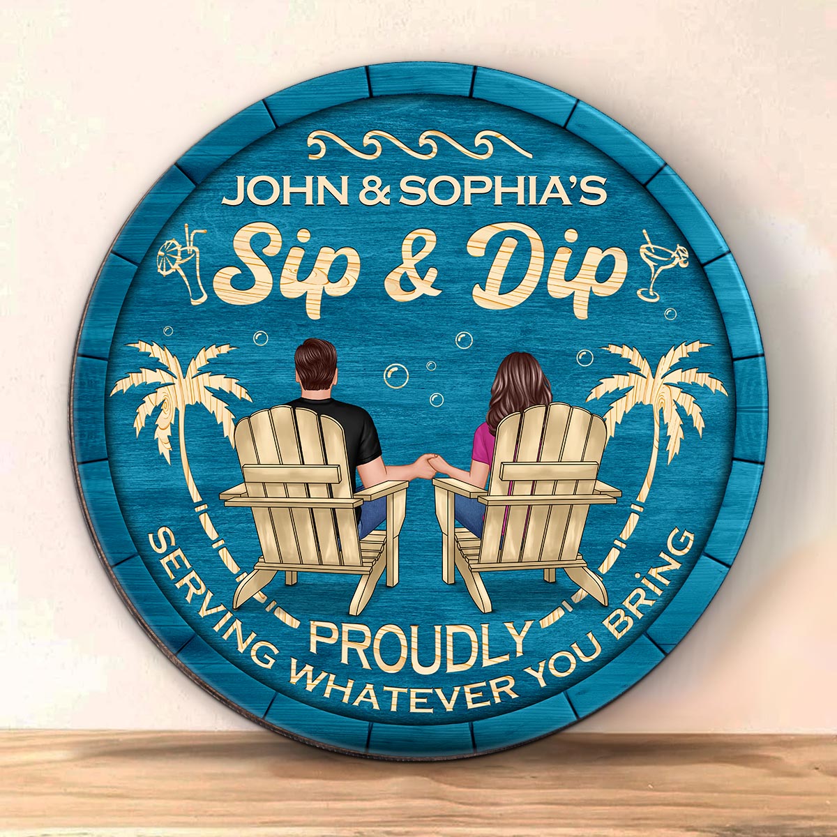 Sip & Dip Couple Sitting Personalized Wood Sign
