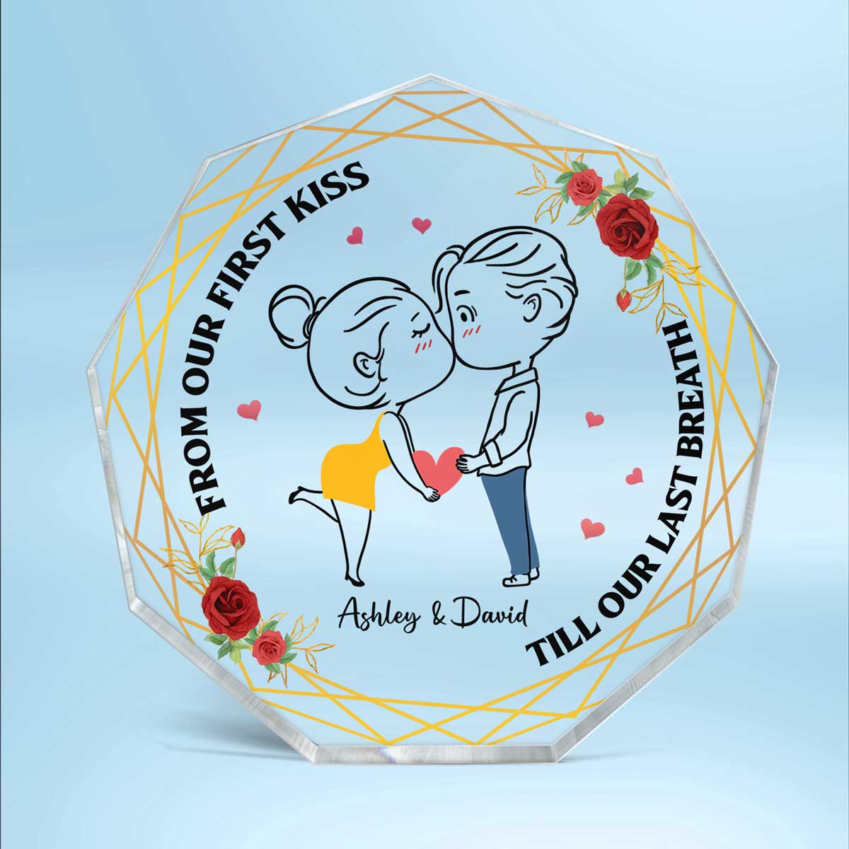 Chibi Couple Kissing Outline Personalized Nonagon Acrylic Plaque - Gift For Him Gift For Her