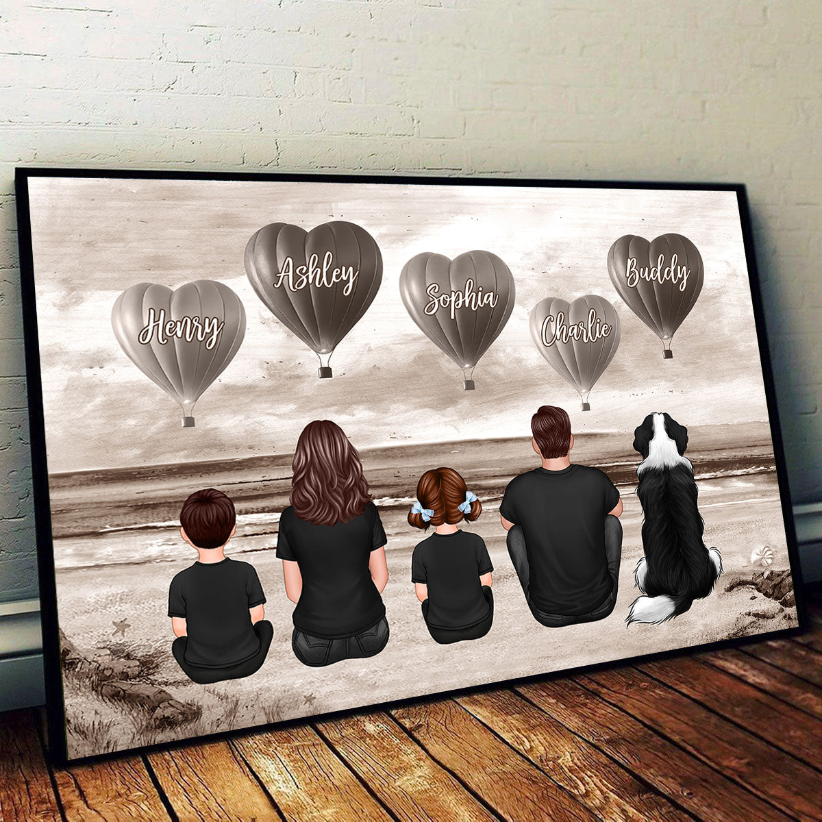Personalized Family Sitting Back View Heart Air Balloons At Beach Poster, Gift for Family, Dad, Mom, Wife, Husband