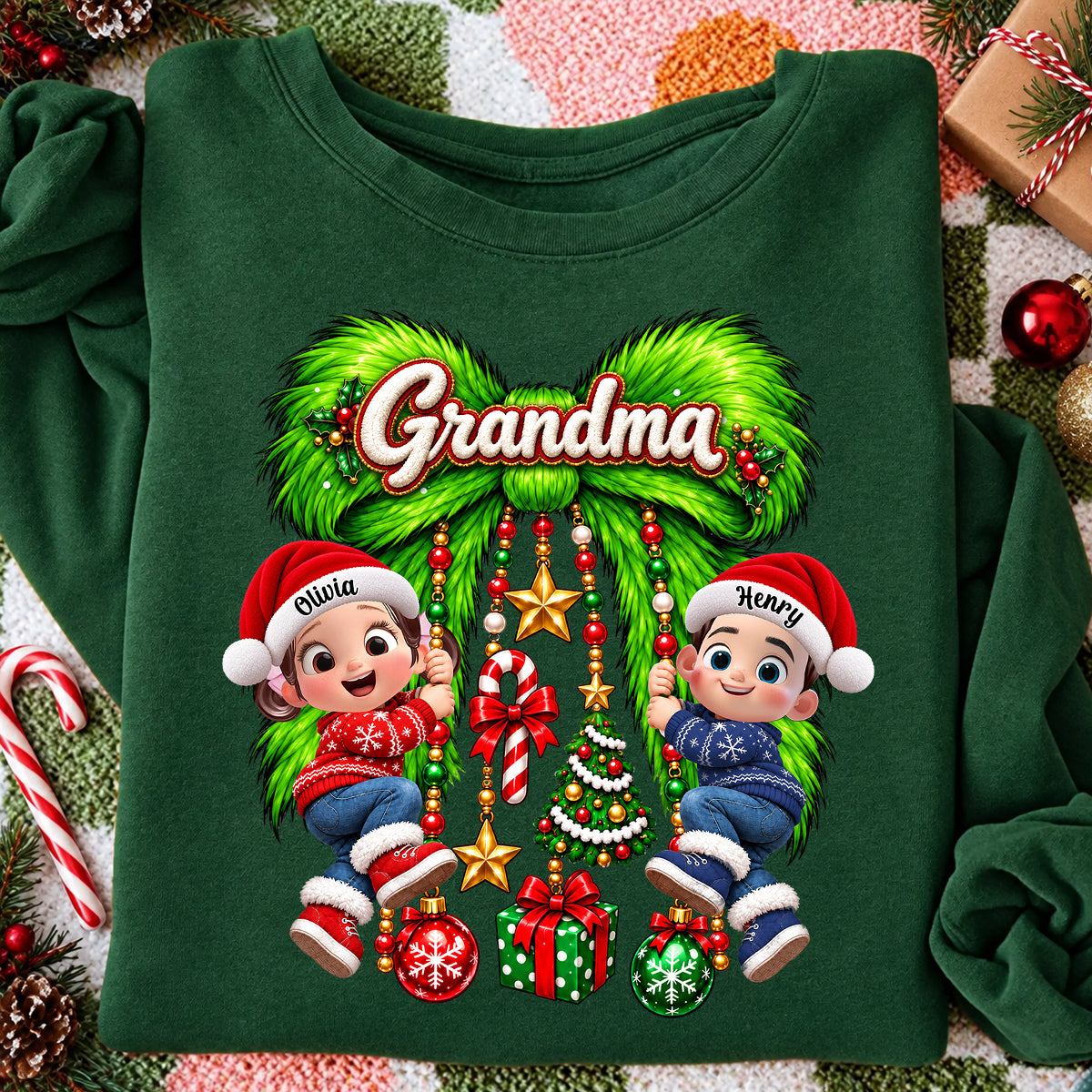 Cute Grandkids Green Bow Charm - Personalized Shirt - Trendy Christmas Tee for Grandma, Christmas Gift for Mom, Wife