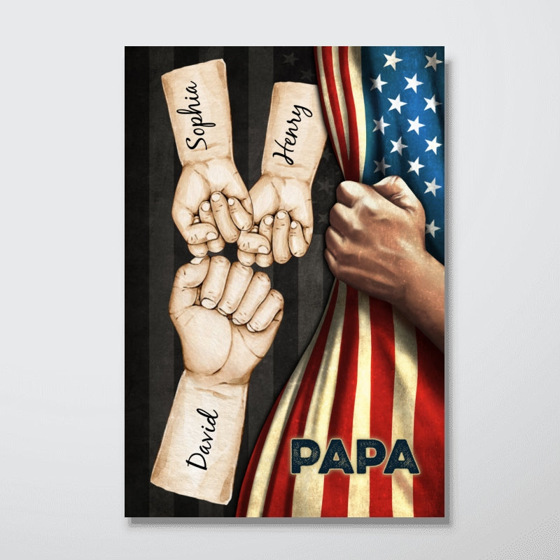 Grandpa Dad Fist Bump Hand Pulling American Flag Personalized Poster, Father's Day Gift for Dad, for Grandpa, for Husband