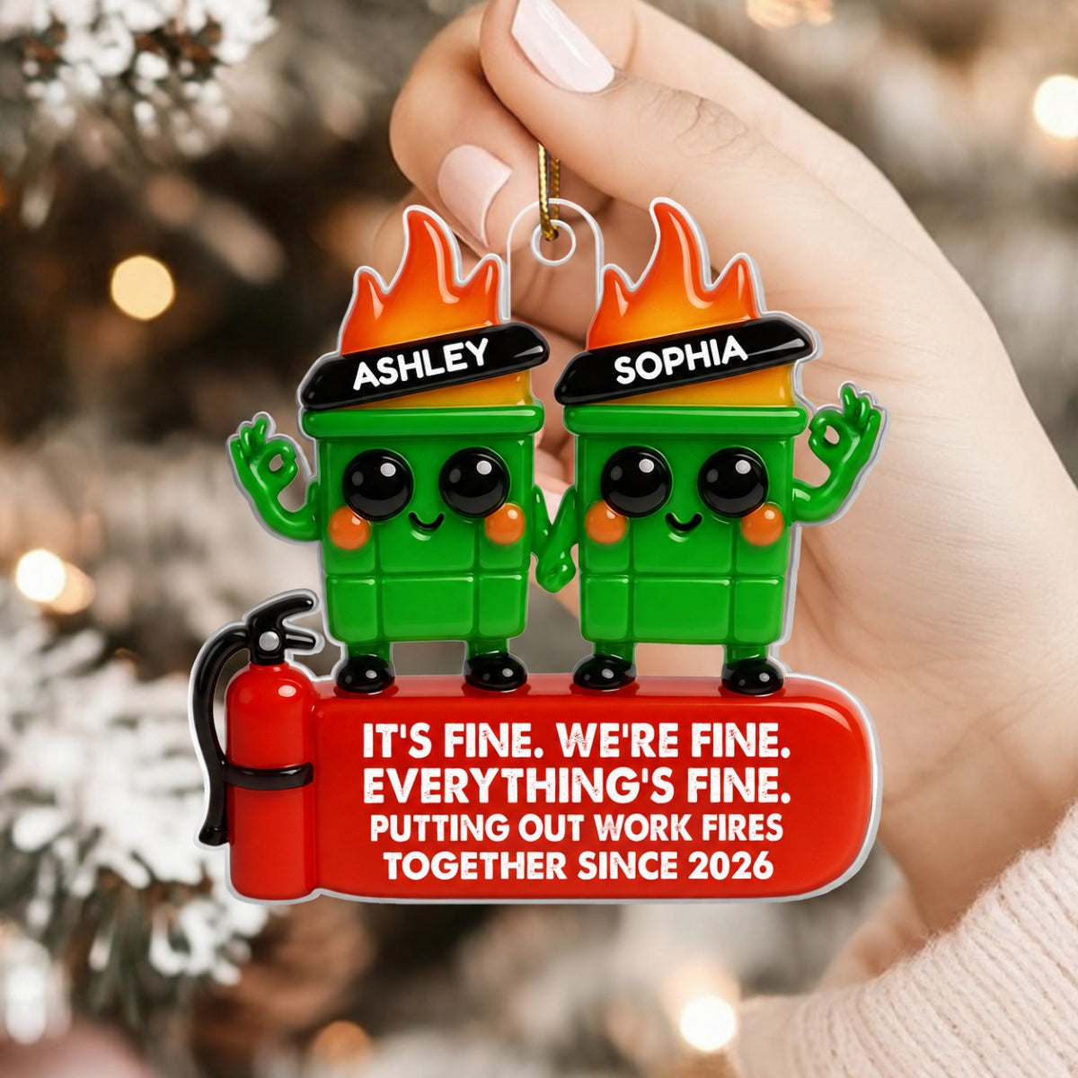 Colleagues Putting Out Work Fire Together 3D Effect - Personalized Acrylic Ornament - Funny Humor Christmas Gift for Coworkers, Colleagues