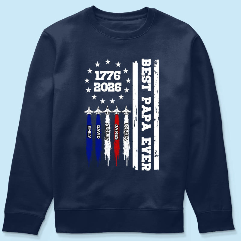 Best Dad Grandpa Ever Jets Smoke Custom Kid Name - Personalized Shirt - American 250th Anniversary Keepsake For Husband, Dad, Grandpa