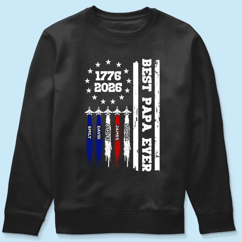 Best Dad Grandpa Ever Jets Smoke Custom Kid Name - Personalized Shirt - American 250th Anniversary Keepsake For Husband, Dad, Grandpa