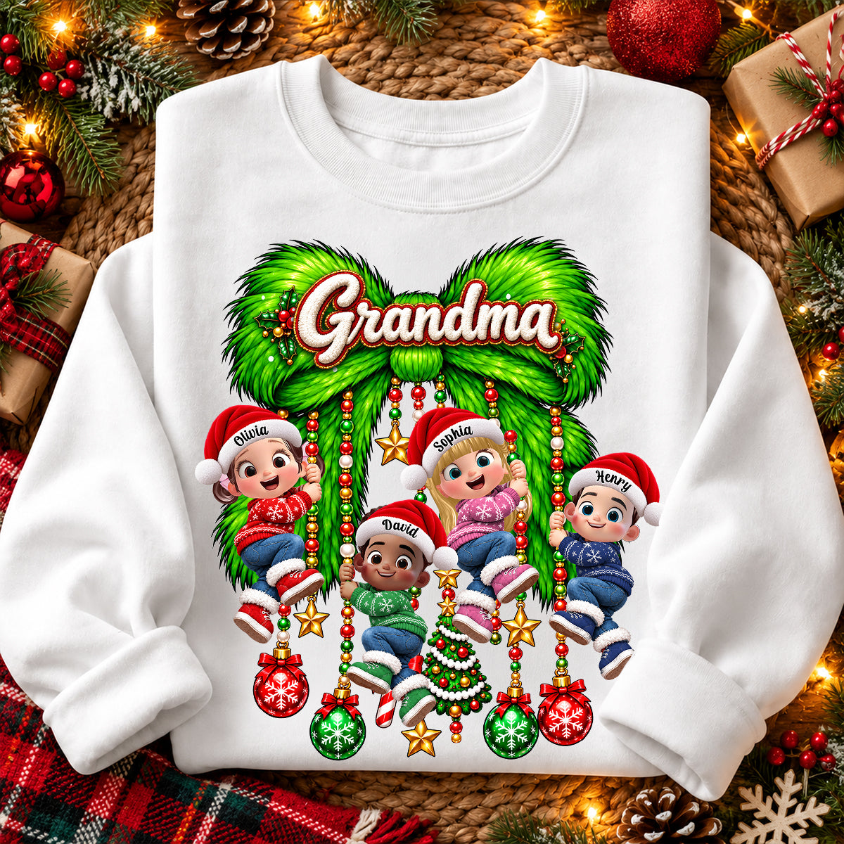Cute Grandkids Green Bow Charm - Personalized Shirt - Trendy Christmas Tee for Grandma, Christmas Gift for Mom, Wife
