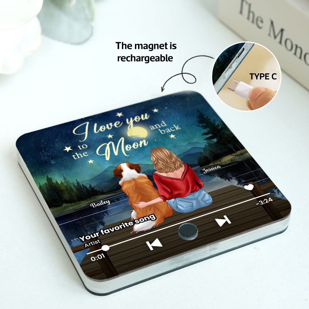 Woman And Dog I Love You To The Moon And Back Personalized Music Fridge Magnet, Heartfelt Gift For Couple, For Him, For Her, Boyfriend, Girlfriend, Husband, Wife