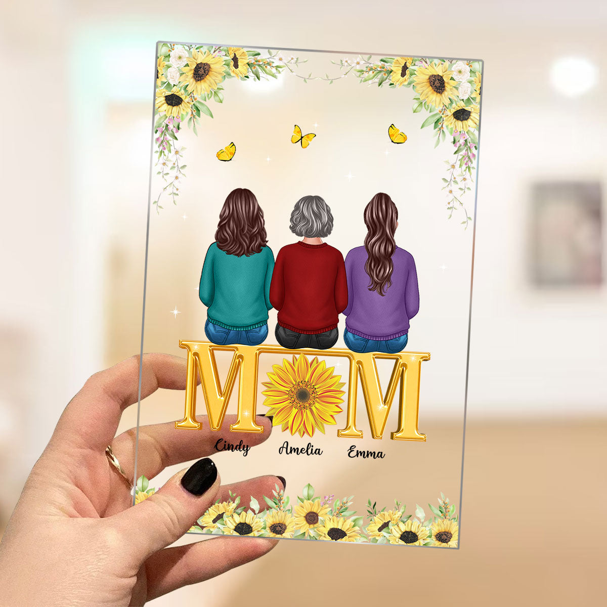 Mom Sons Daughters Back View Sitting On Text Sunflower Personalized Acrylic Plaque