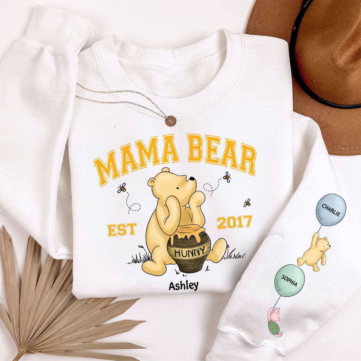 Mama Bear Est. Cute Characters With Balloon Personalized Sleeve Printed Sweatshirt