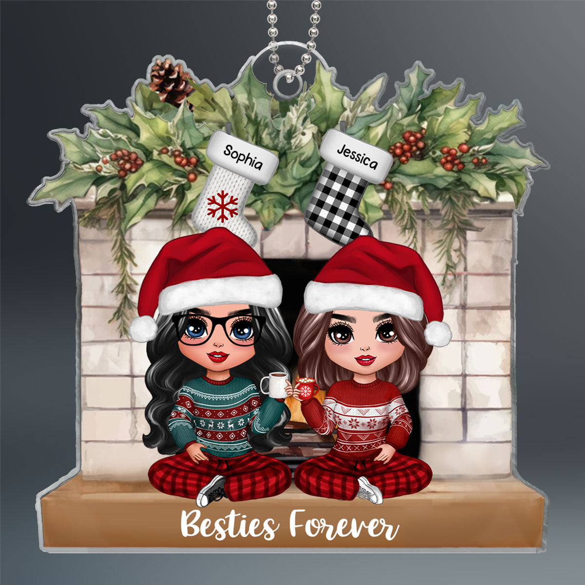 Besties Christmas Socking On Fireplace Personalized Acrylic Ornament