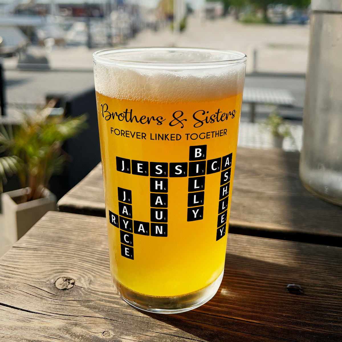 Brothers & Sisters Forever Linked Together Crossword Puzzle Art Personalized Beer Glass, Gift For Brothers, Sisters, Siblings, Family