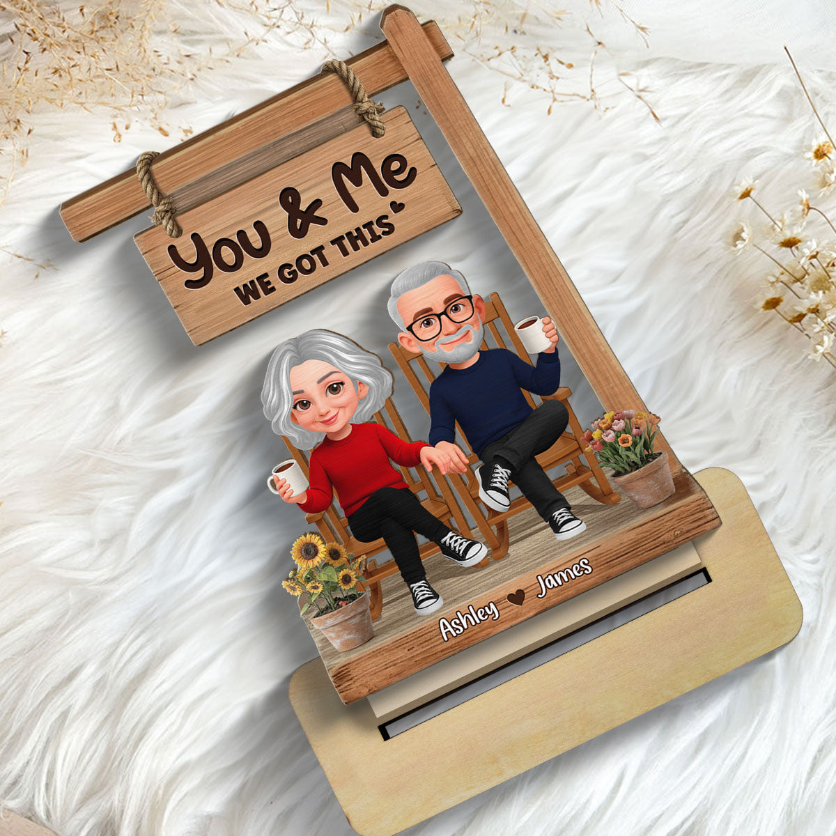 3D Effect Old Couple Sitting Together - Personalized 2-Layered Wooden Plaque - Anniversary, Valentine's Day Gift For Him, Gift For Her