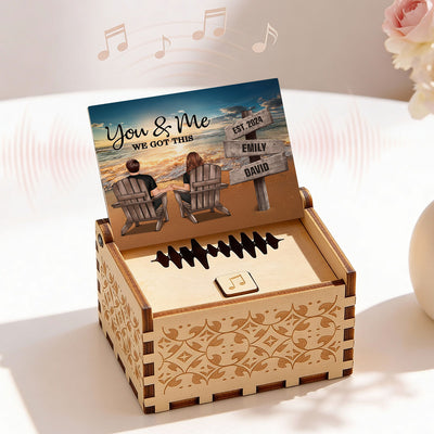 Romantic Love Couple Retro Beach Landscape Sign Posts - Personalized Wooden Music Box - Valentine's Day Gift For Couple