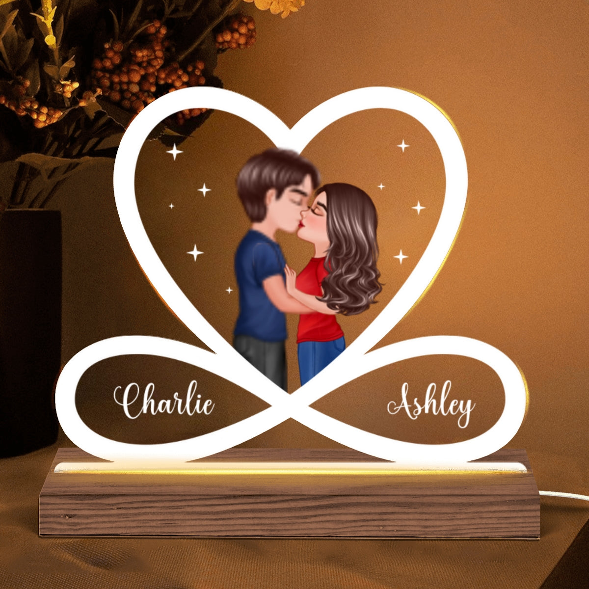Infinity Heart Couple Kissing Personalized Custom Shape Acrylic Plaque With LED Night Light - Anniversary Gift For Couple - Gift For Him Gift For Her