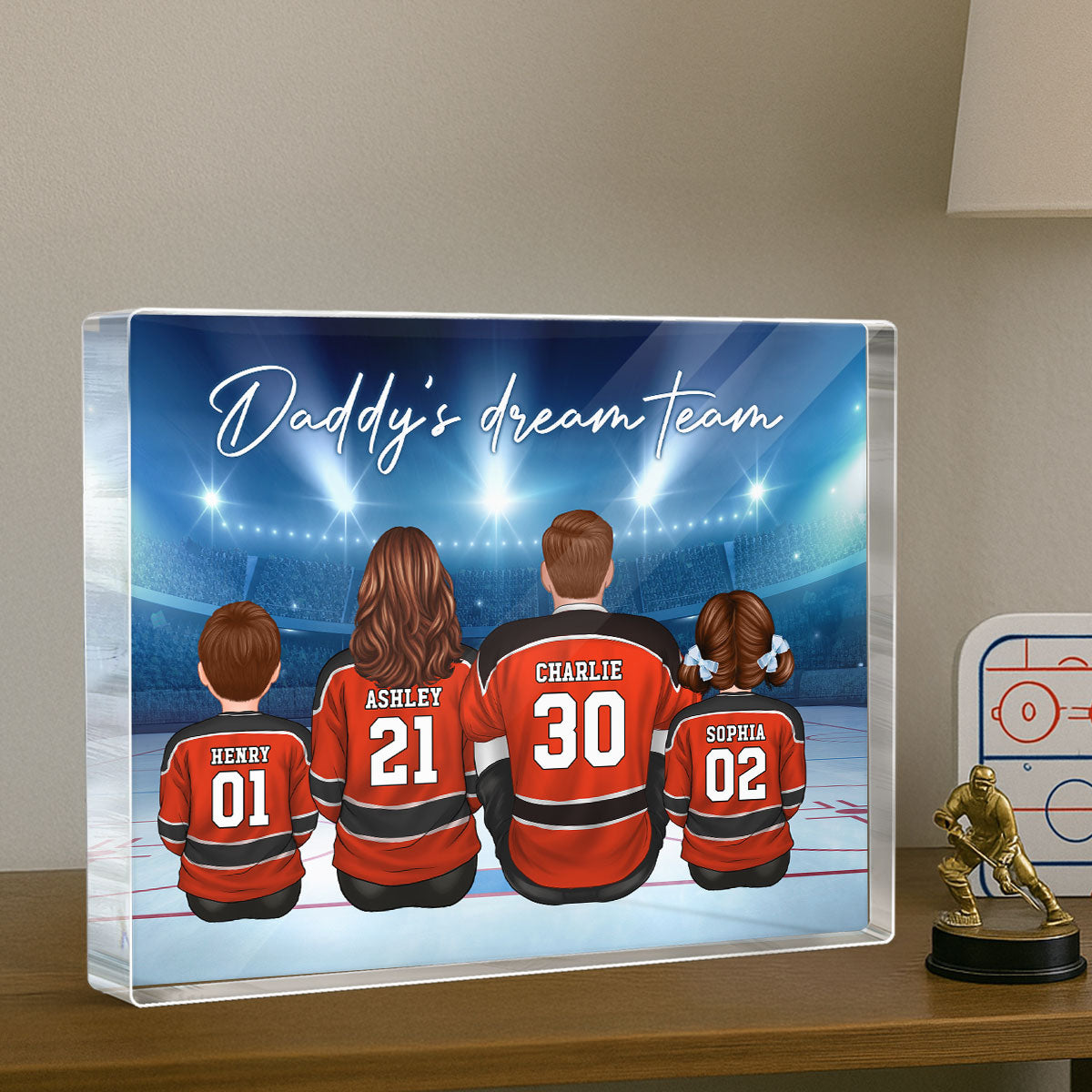 Daddy's Team Hockey Family Sitting Personalized Acrylic Block, Unique Father's Day Gift for Dad, Gift for Husband