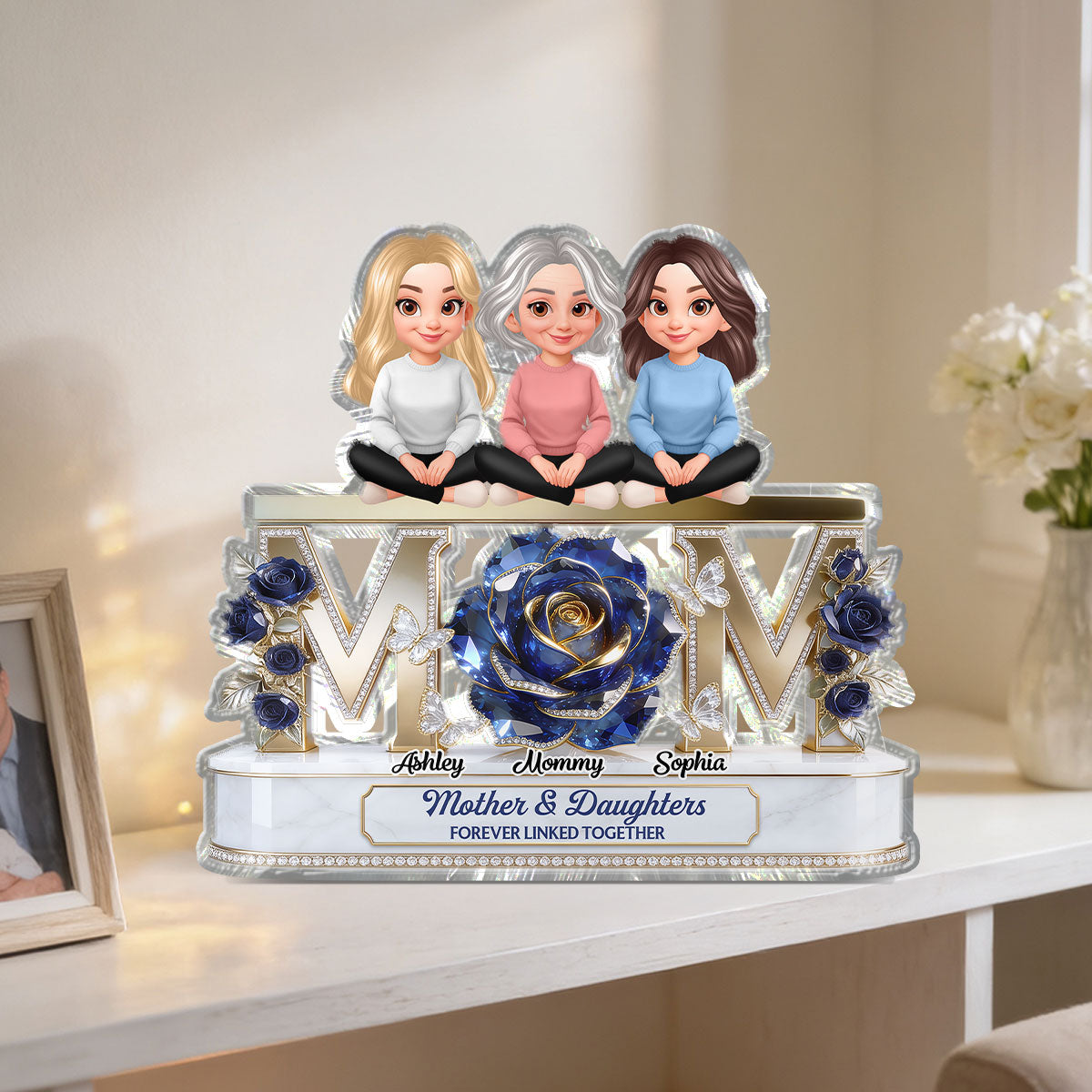 Beautiful Blue Roses MOM And Daughters Sons - Personalized Acrylic Block Plaque - Gift For Mom