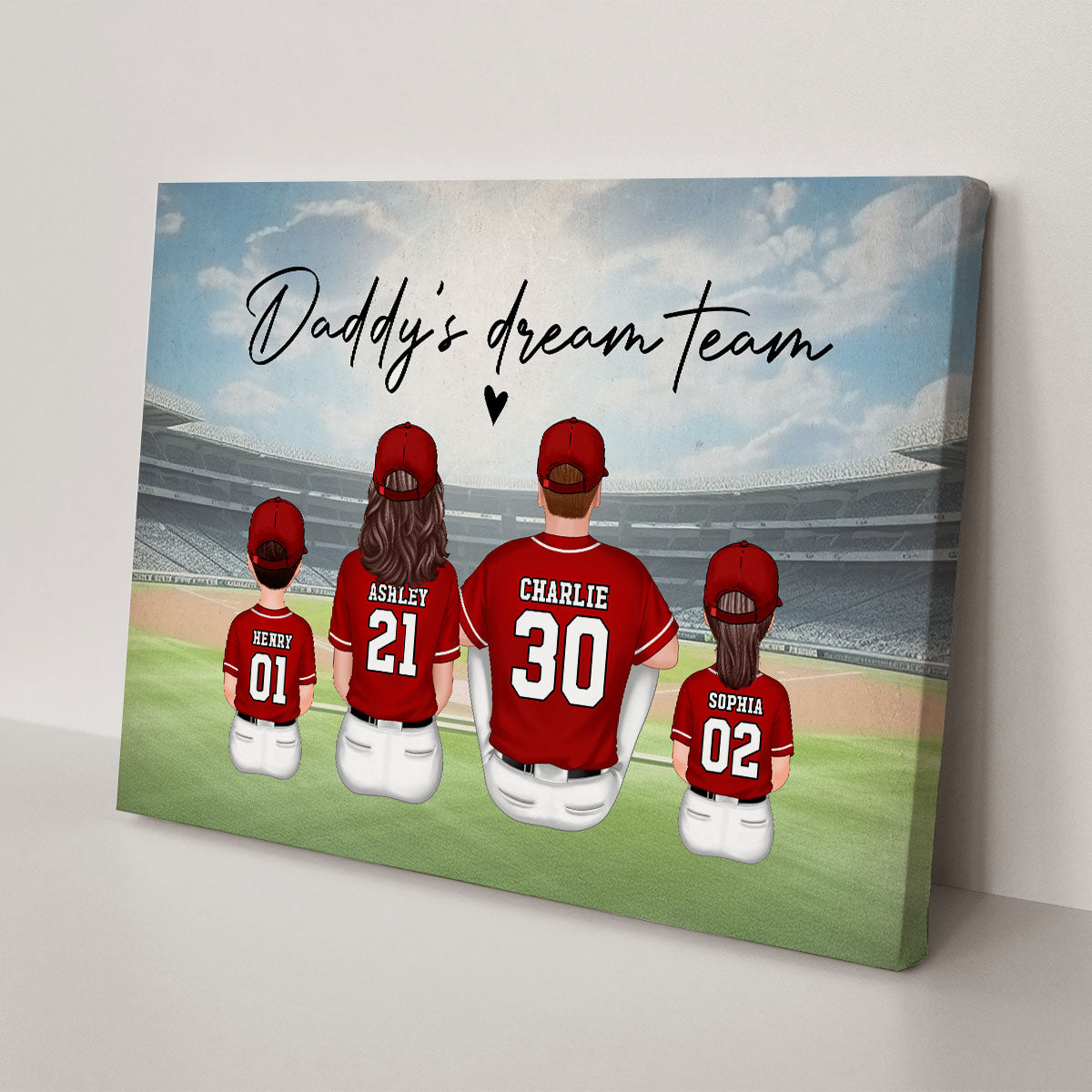 Daddy's Team Baseball Family Sitting Personalized Canvas, Gift For Dad, Grandpa, Husband