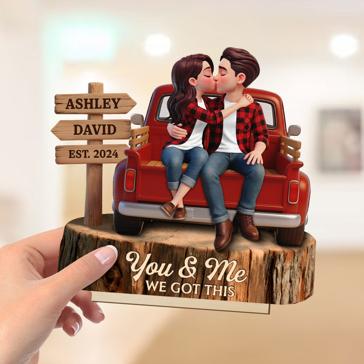 Everlasting Love Couple Sitting Kissing Pickup Truck Sign Posts - Personalized 2-Layered Wooden Plaque - Valentine's Day Gift For Couple, Farmhouse Decor